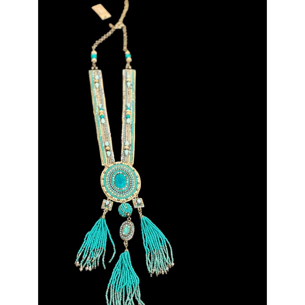 CHICO'S Boho Statement Necklace – Turquoise Fringe Tribal Beaded Medallion - Picture 8 of 13